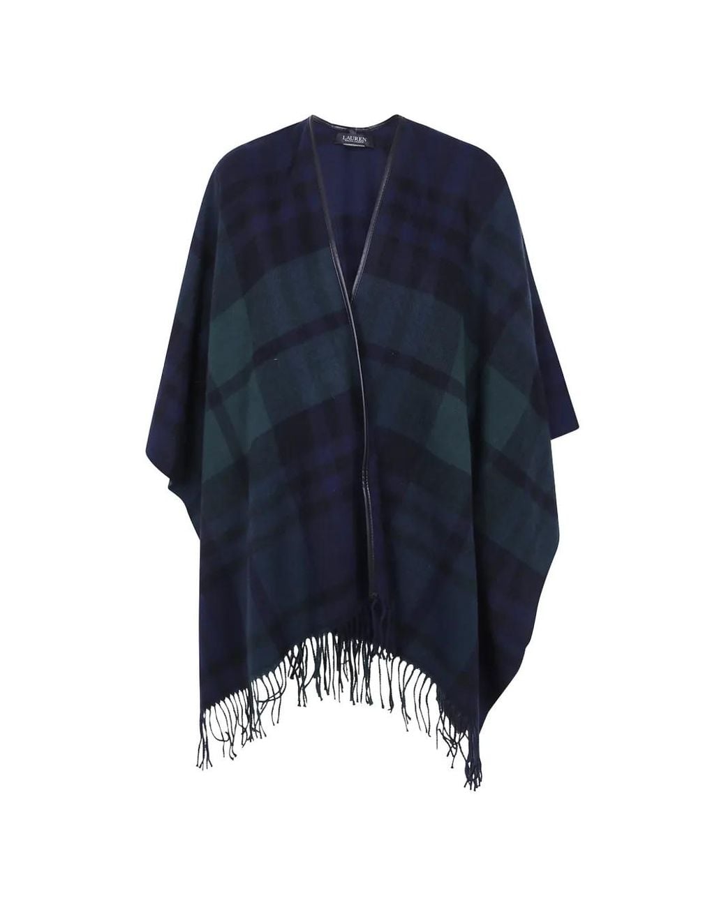 Ralph Lauren Blue Check-Pattern Fringed Poncho