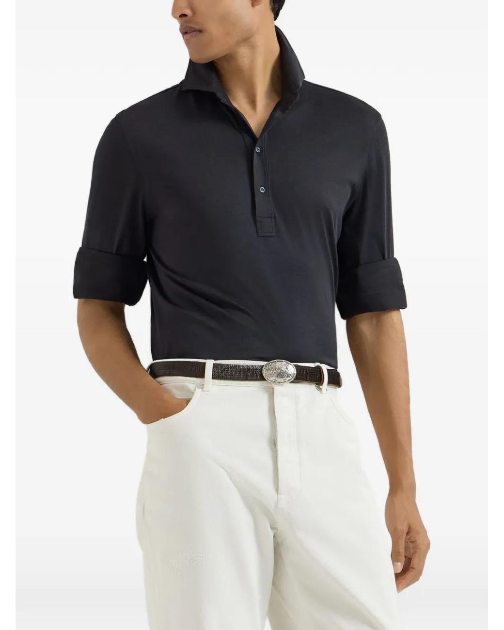 Brunello Cucinelli Blue Silk And Cotton Lightweight Jersey Long Sleeve Polo for men