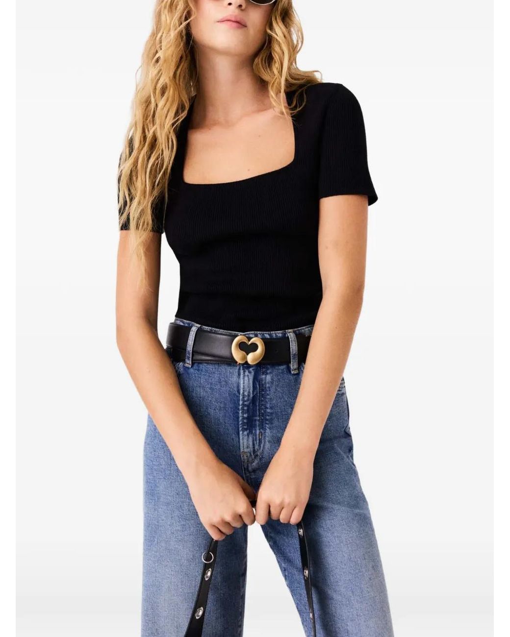 Maje Black Square-Neck Ribbed Jumper