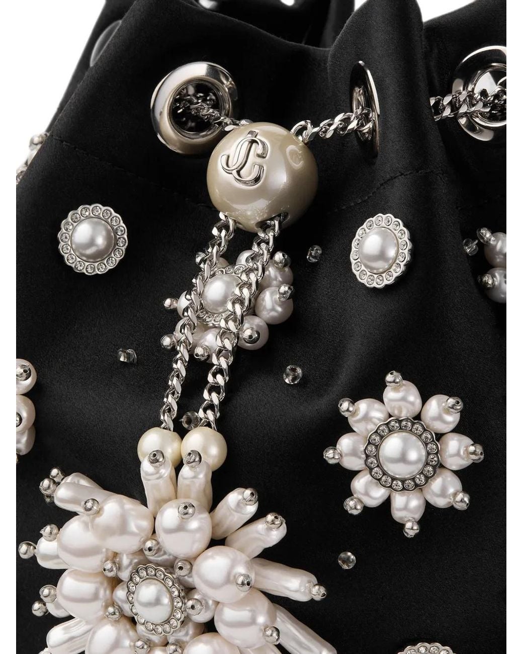 Jimmy Choo Black Bon Bon Satin Bucket Bag With Floral Pearl Embroidery