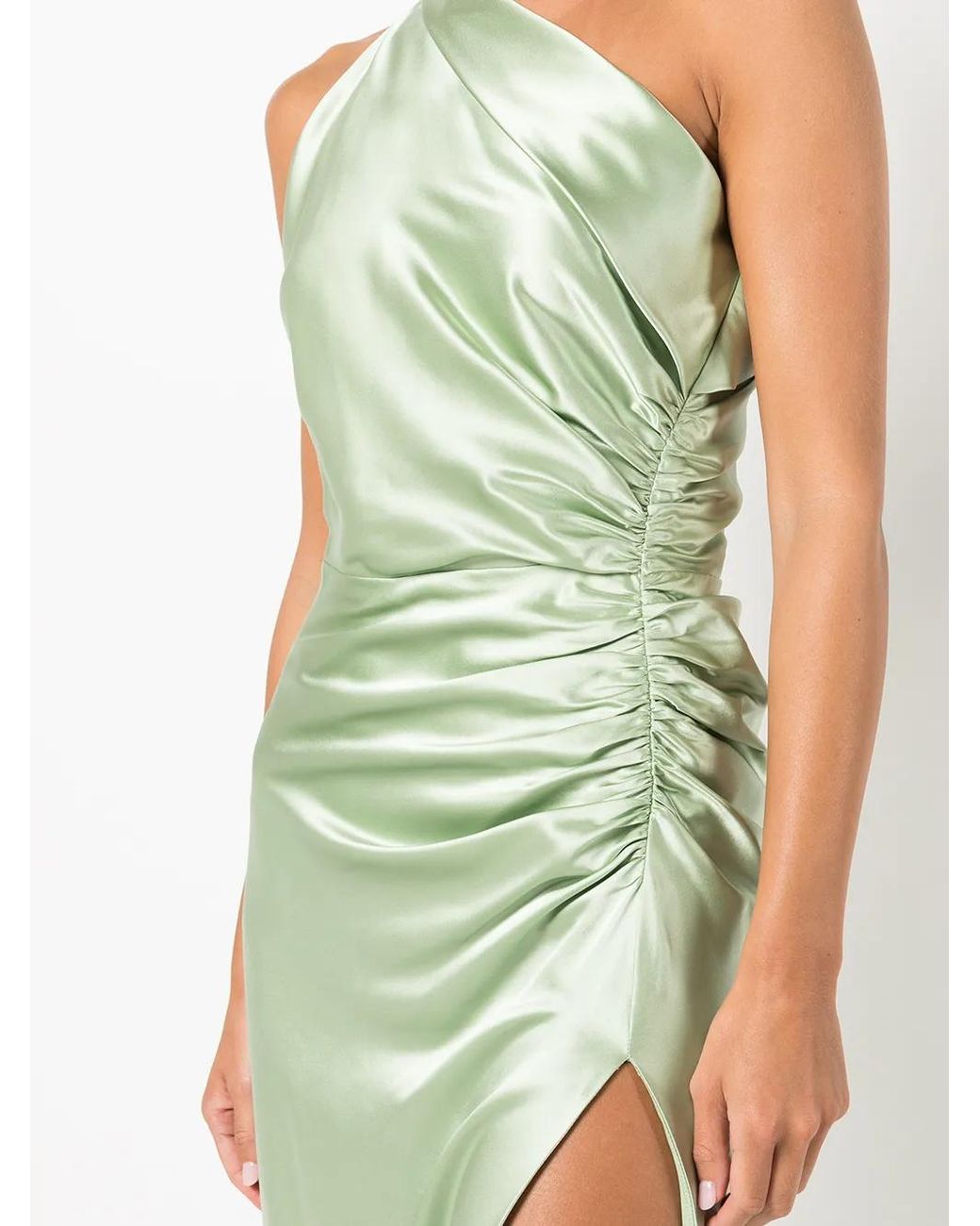 Michelle Mason Green Gathered-Detail One-Shoulder Silk Gown