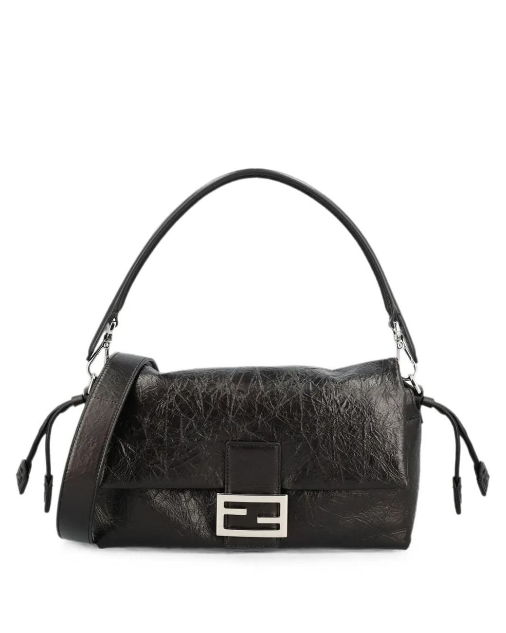 Fendi Black Baguette Soft Medium Crackled Leather Bag