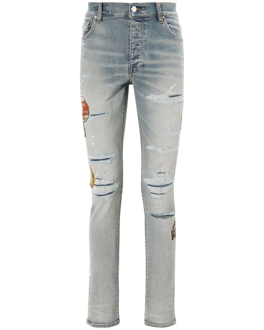 Amiri Blue Travel Patch Repair Skinny Jeans for men