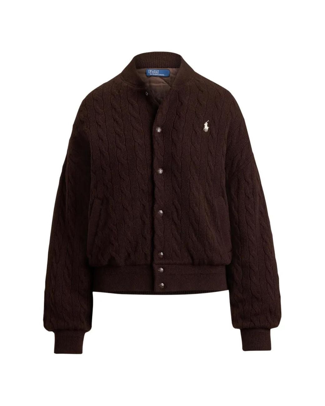 Polo Ralph Lauren Brown Chocolate- Cable-Knit Wool And Cashmere Bomber Jacket With Pony Logo Embroidery On The Chest
