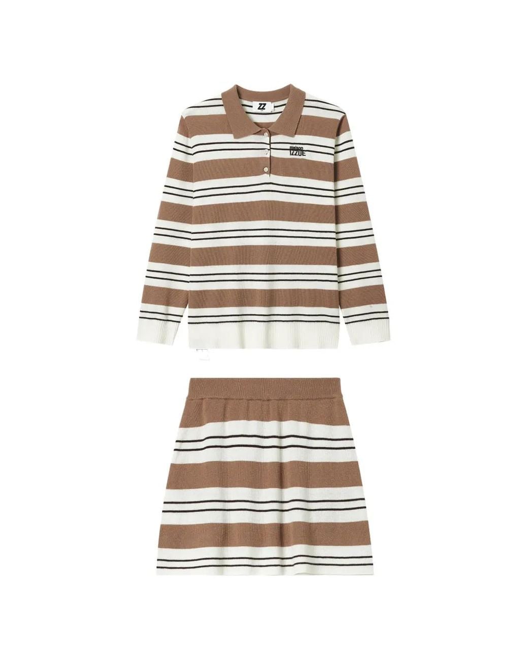Izzue White Striped Polo-Collar And Skirt Set