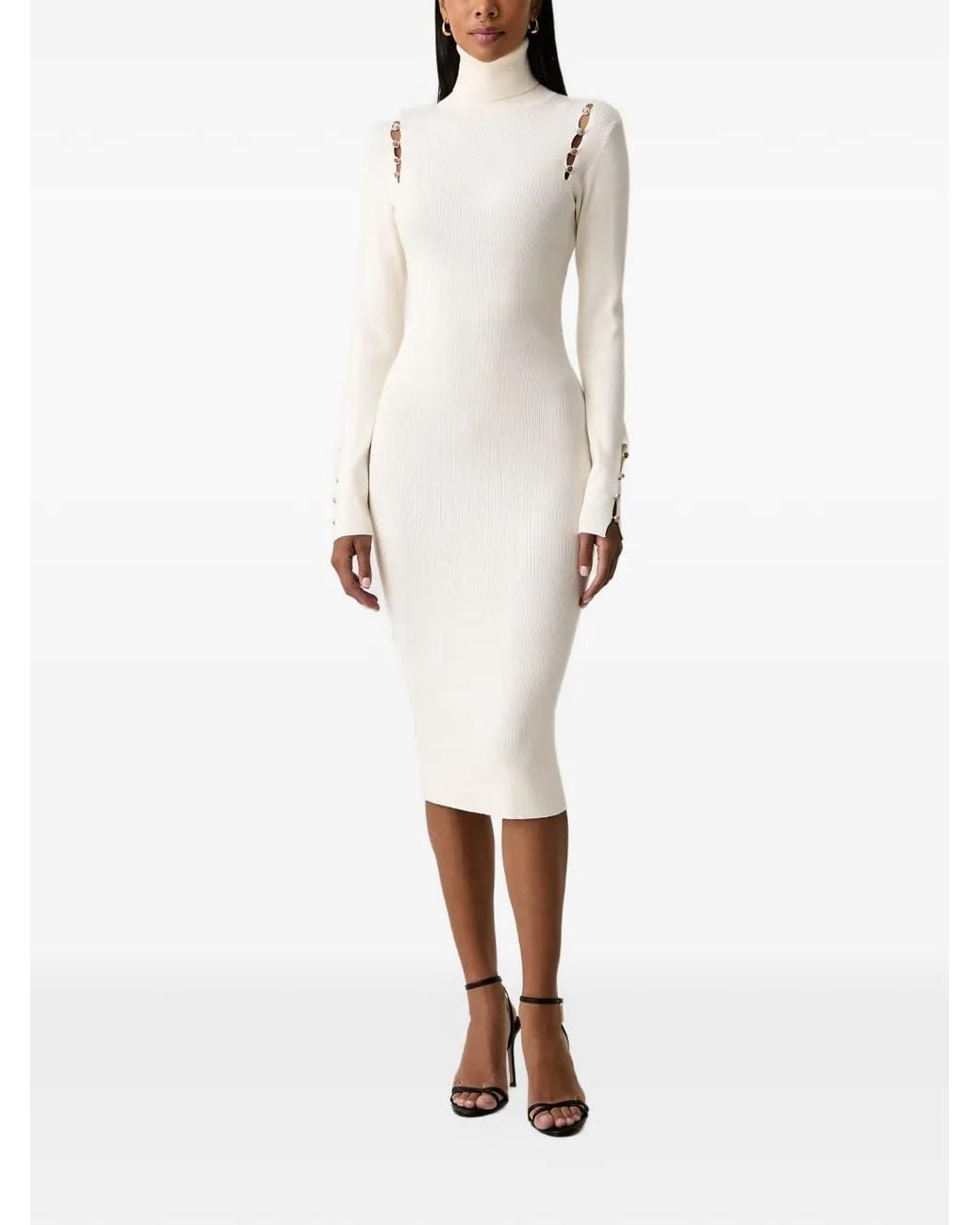 Fracomina White Ribbed-Knit Cut-Out Midi Dress