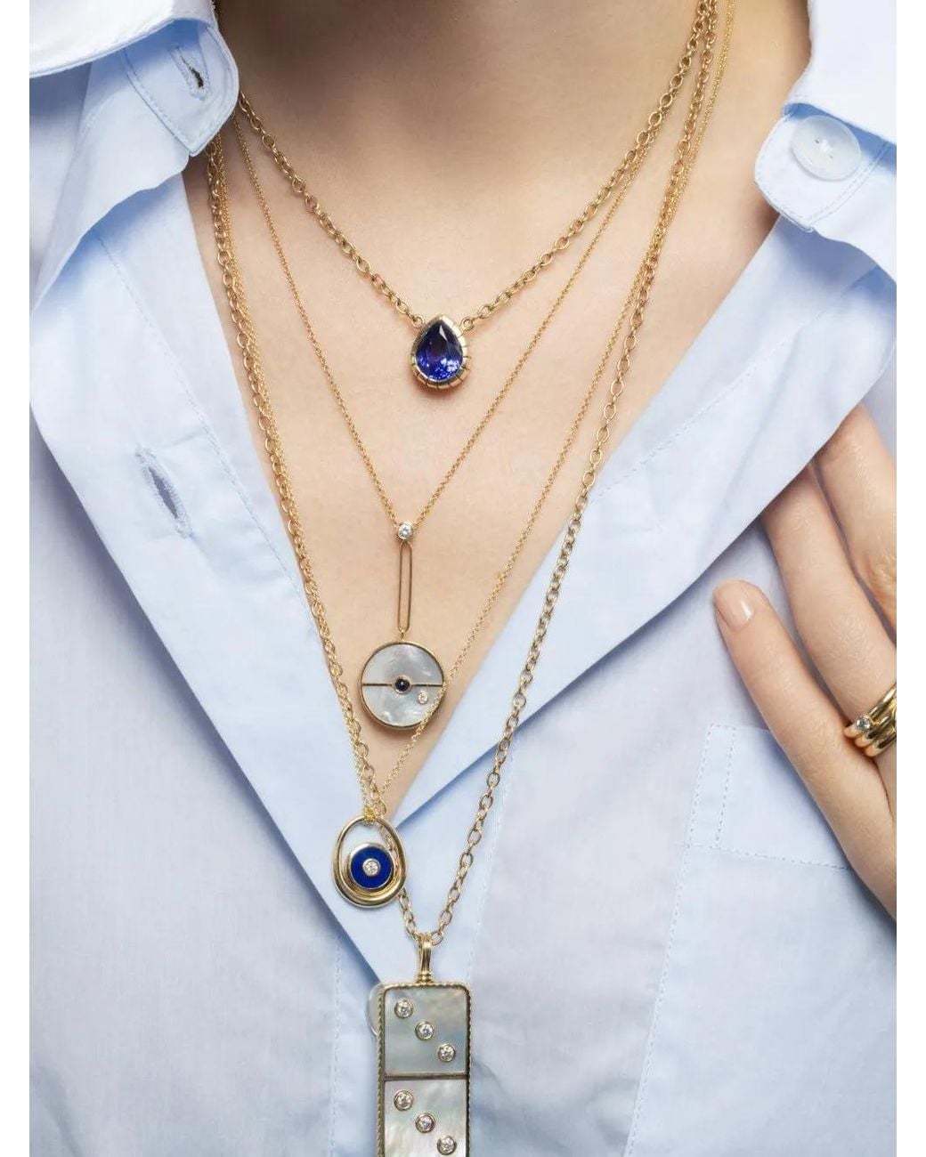 Retrouvai Metallic Compass Lapis And Diamond Necklace