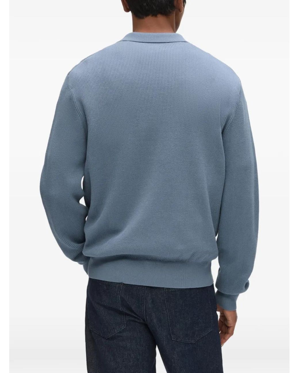 Karl Lagerfeld Blue Rib Knit Long-Sleeved Polo Shirt for men