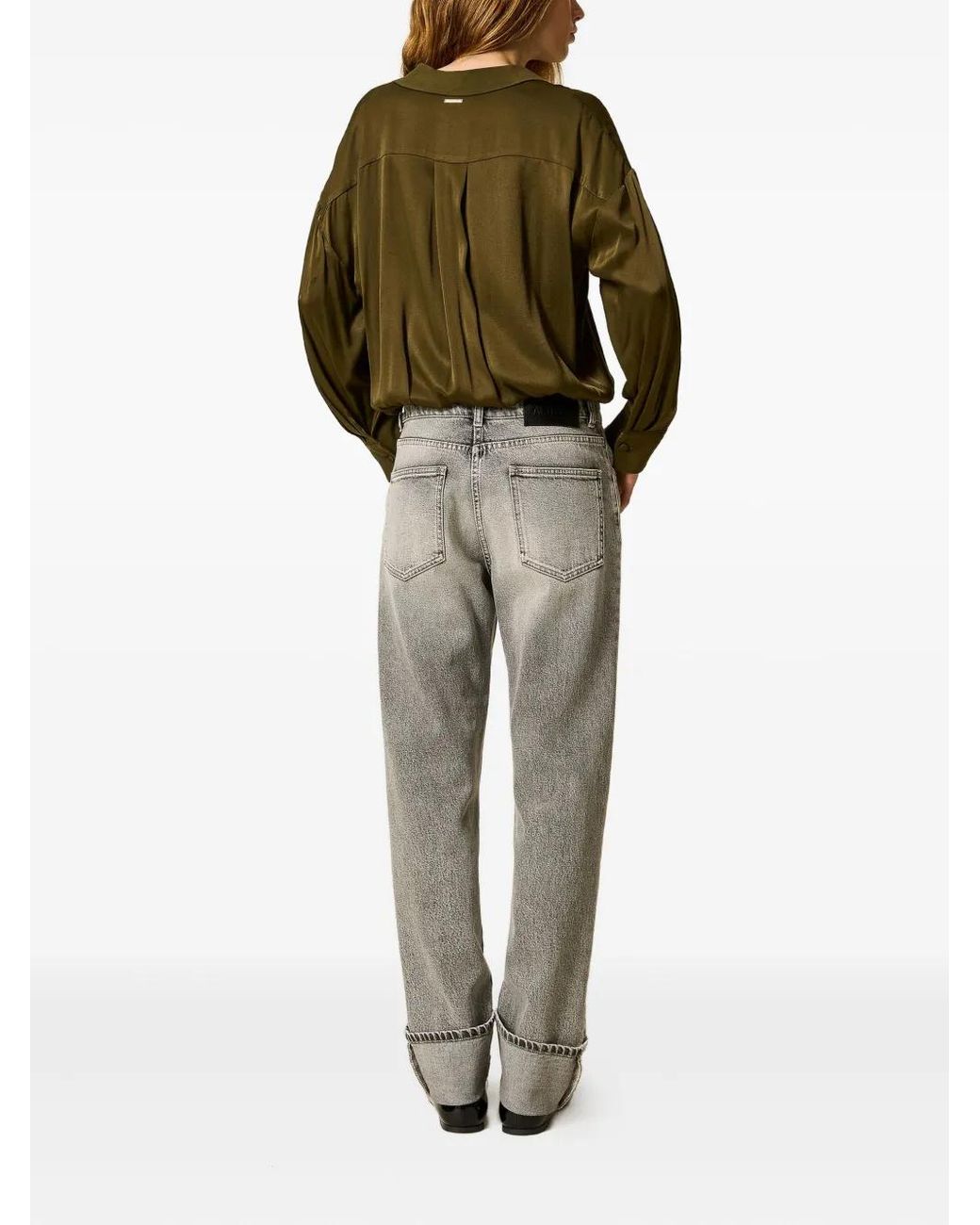 Twinset Gray Cuffed-Hemline Logo-Patch Denim Jeans