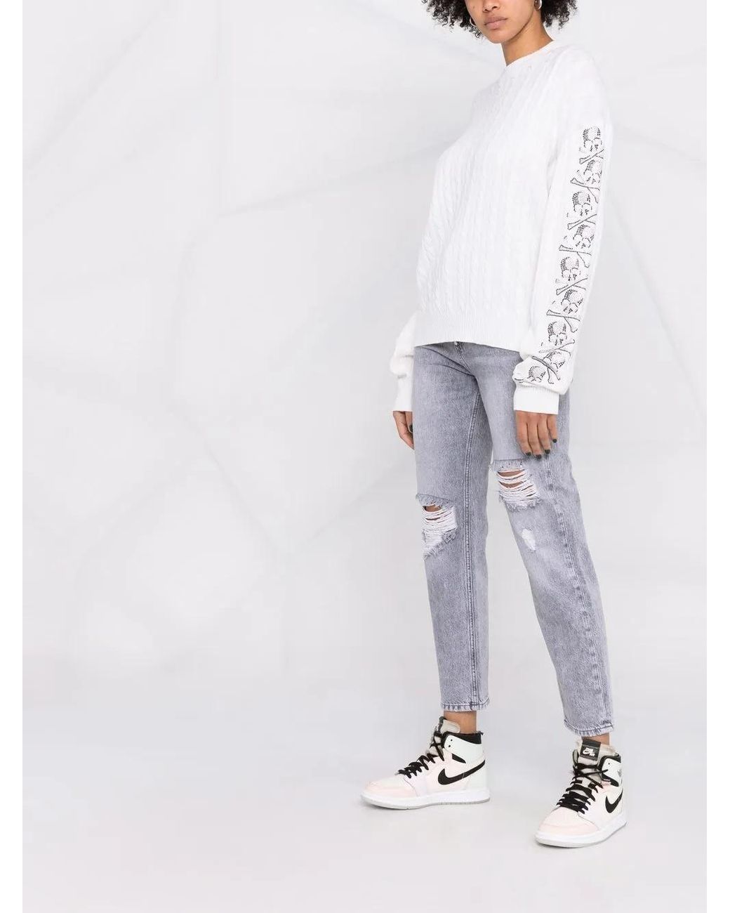 Philipp Plein White Sequin Skull Pullover Jumper