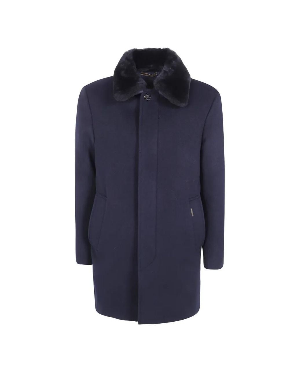 Moorer Blue Fur-Collar Wool Coat for men