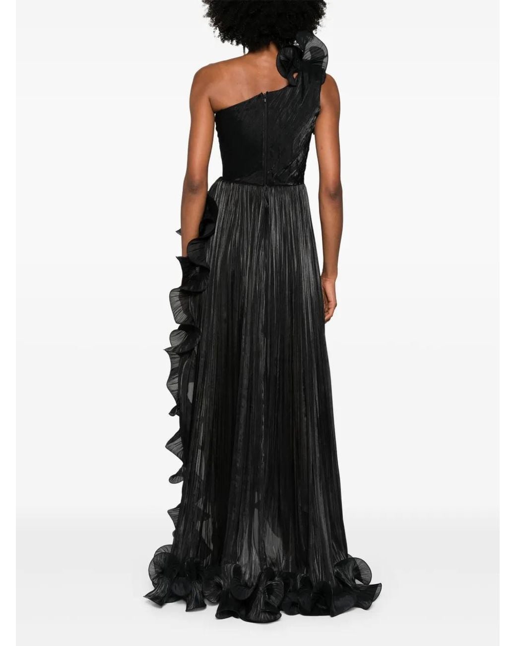 Ana Radu Black Ruffled Plissé Asymmetric Maxi Dress