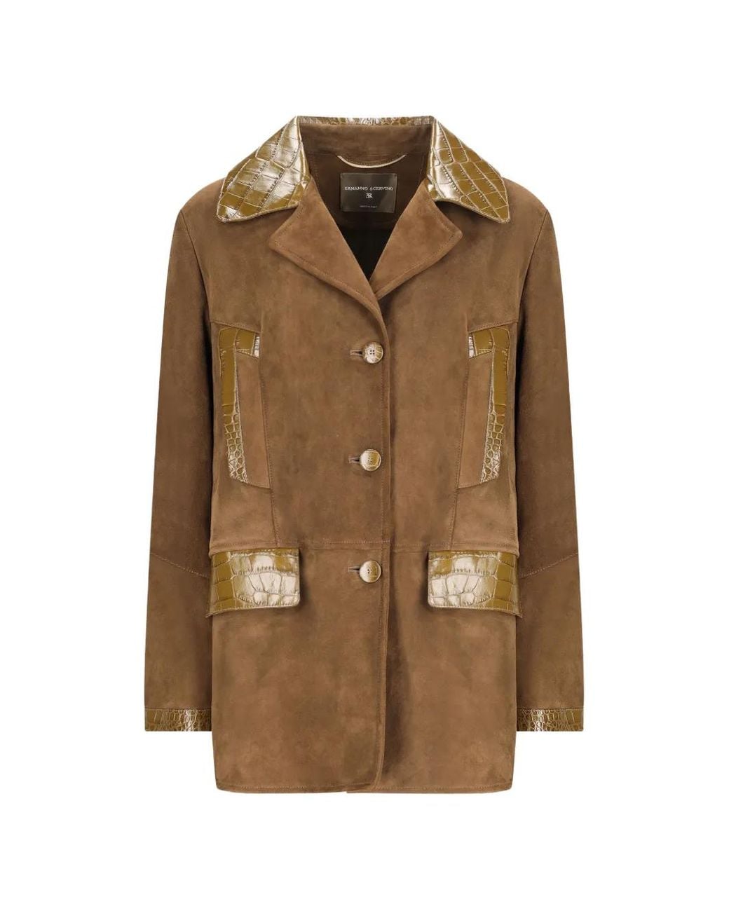 Ermanno Scervino Brown Crocodile-Effect Panelled Suede Coat