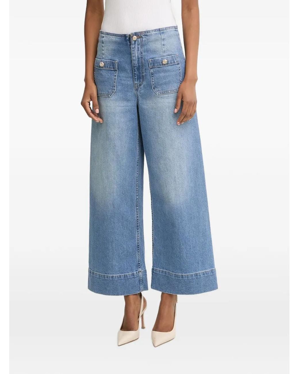 Morgan Blue Button-Detail Wide-Leg Jeans