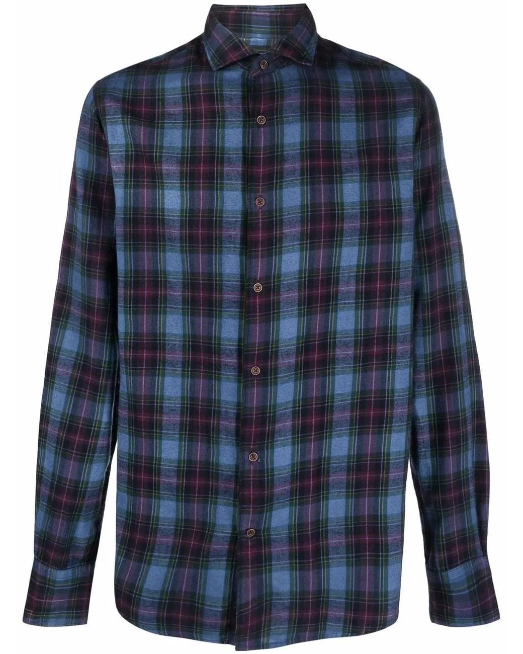 Deperlu Blue Tartan-Print Cotton Shirt for men