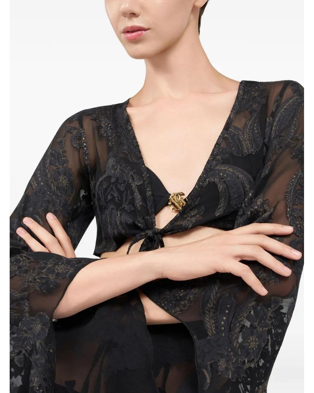 Roberto Cavalli Black Floral Bell-Sleeve Blouse