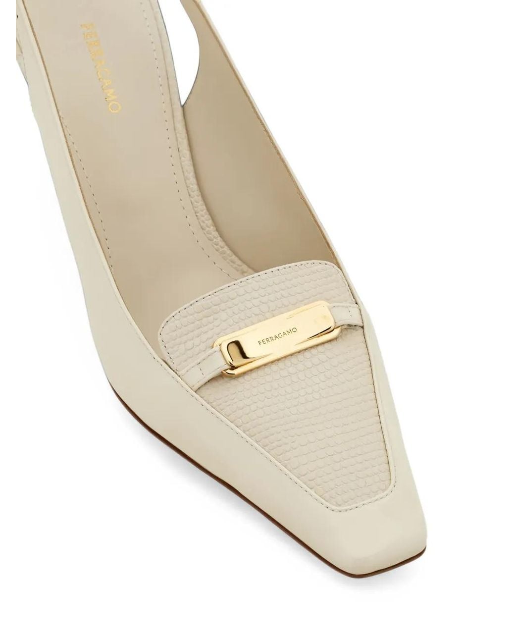 Ferragamo White Buckle-Detail Patent-Leather Pumps