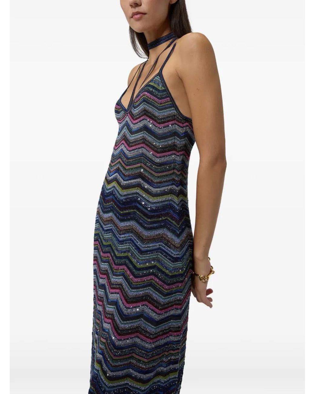Missoni Blue Long Chevron Knit Dress With Braided Straps