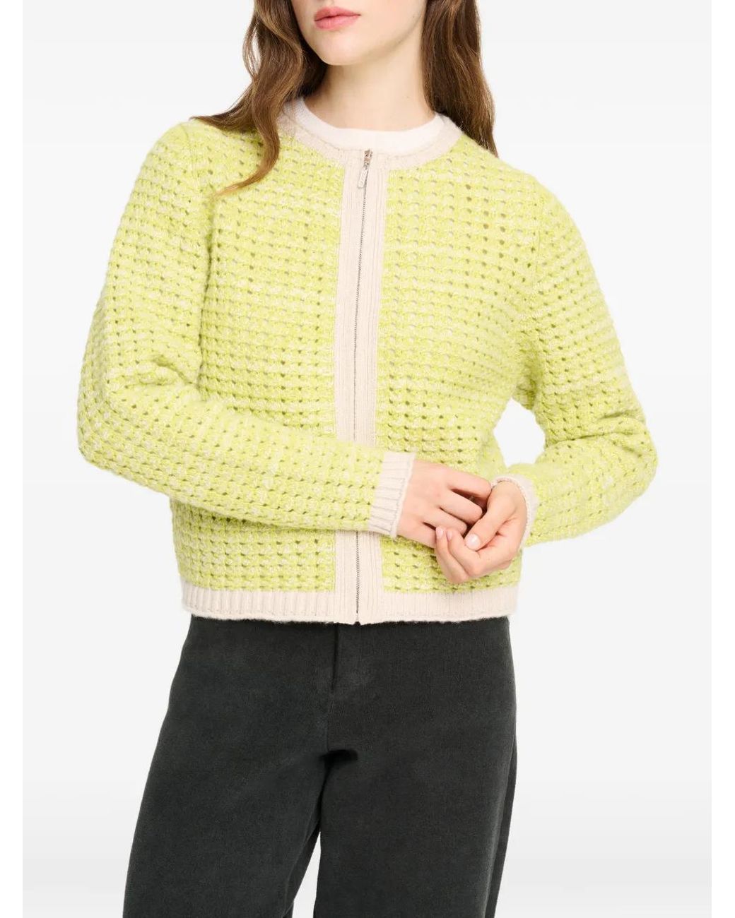 Barrie Yellow Crochet-Knit Zip-Up Cardigan