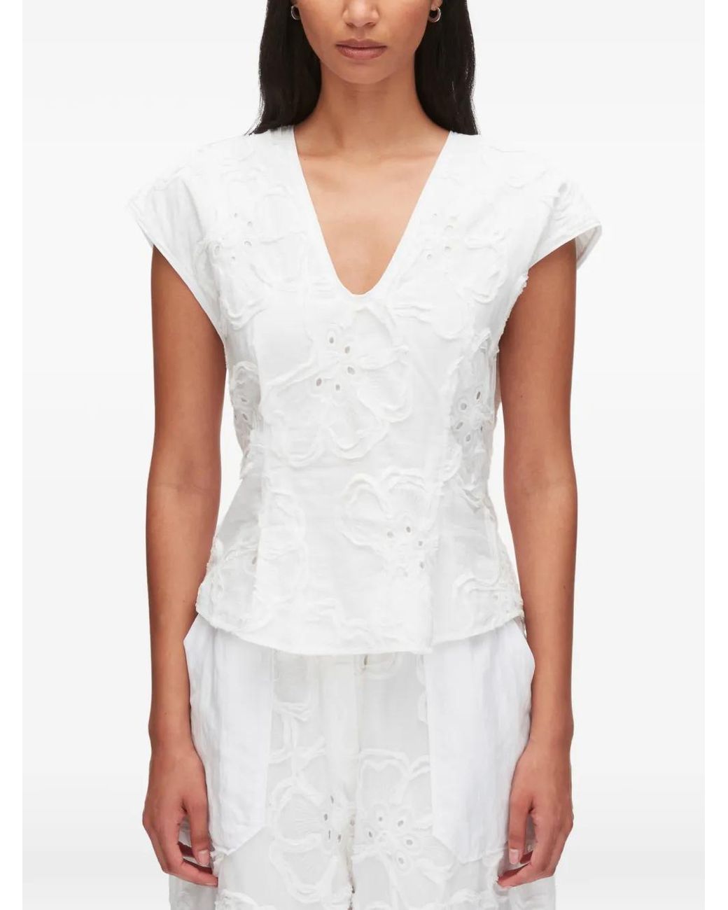 3.1 Phillip Lim White Floral V-Neck Blouse
