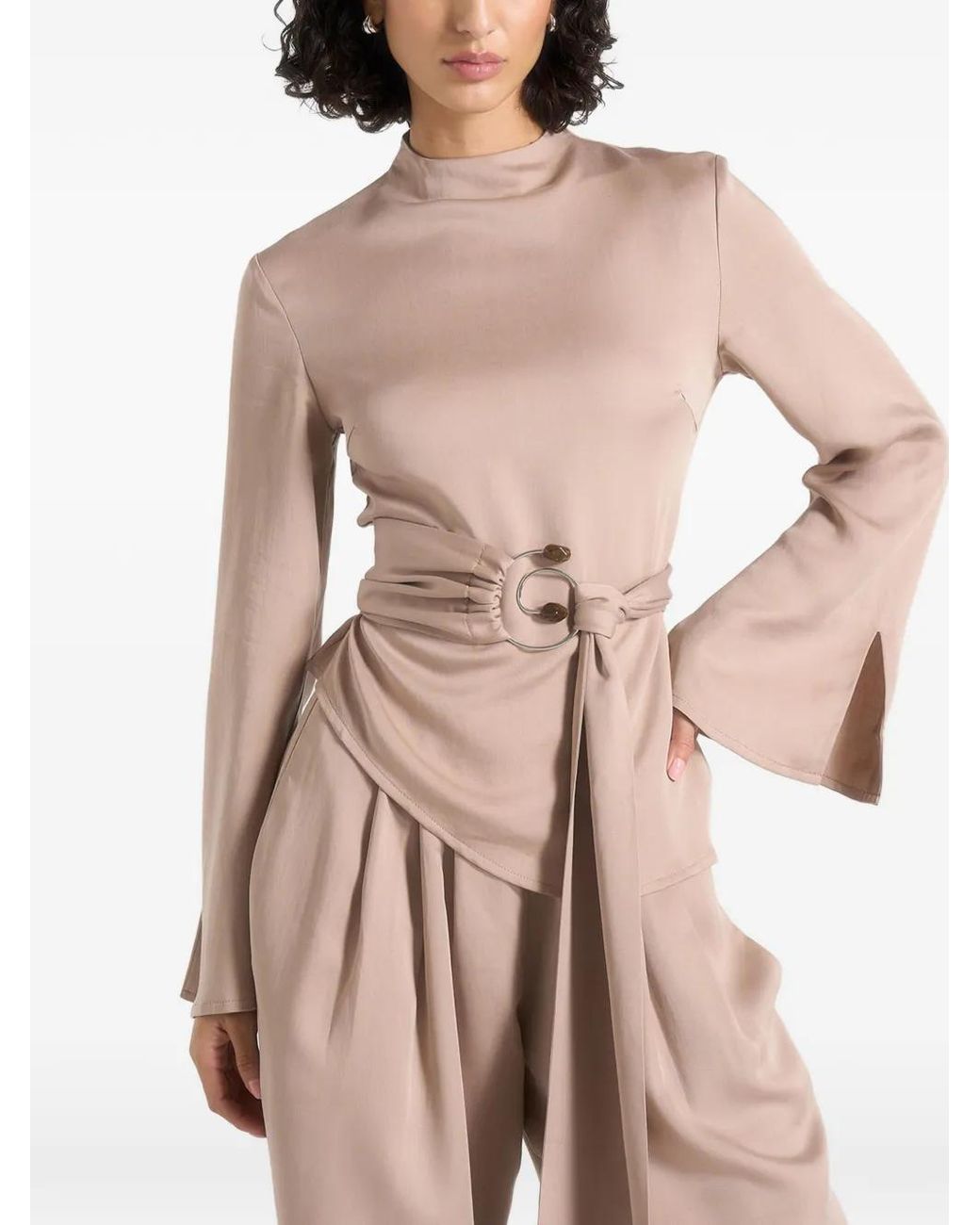 Manière De Voir Natural Aurore Mock Neck Ring Belt Pleated Leg Jumpsuit