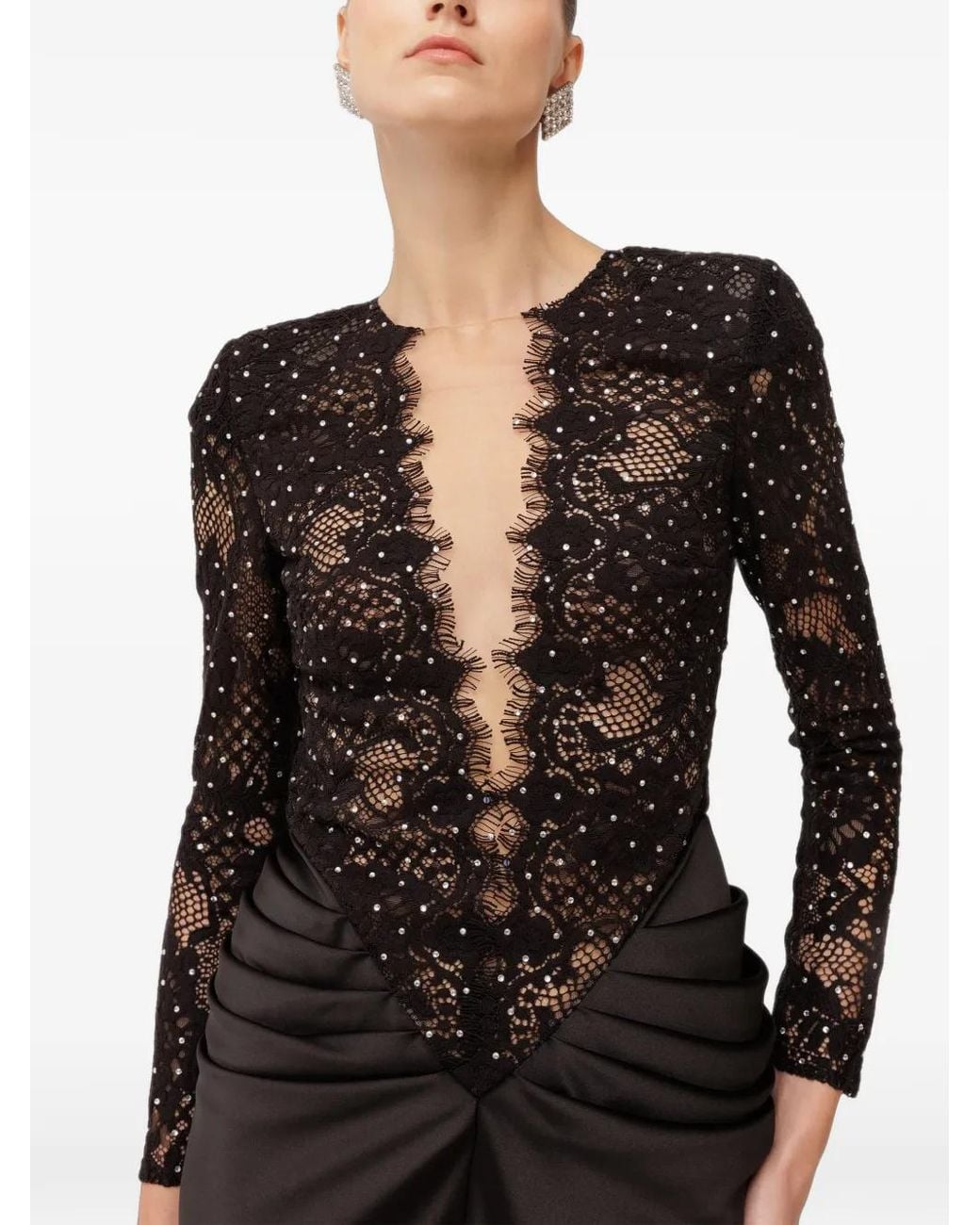 Nissa Black Crystal-Embellished Lace Satin Maxi Dress
