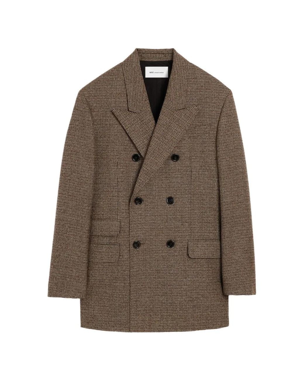 AMI Brown Double Breasted Houndstooth Wool Blazer
