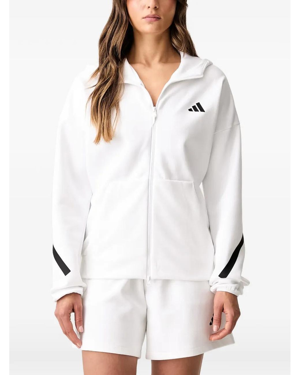 Adidas White Logo-Print Zip-Up Hoodie