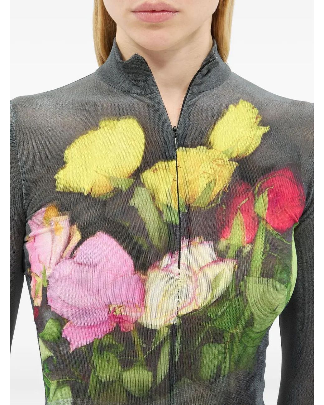 MSGM Gray Floral-Print Zip Bodysuit