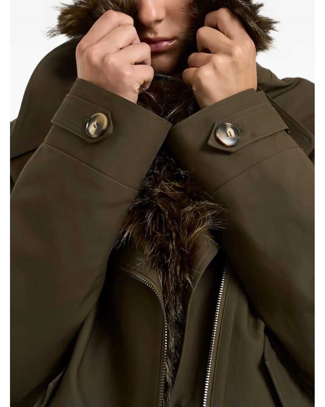 Valentini Green Faux-Fur Trim Hooded Jacket