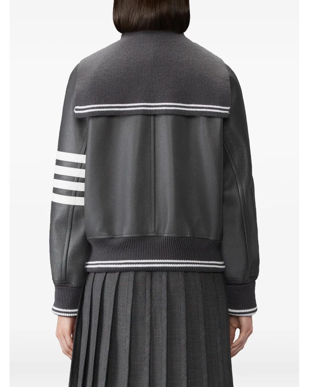 Thom Browne Gray Leather 4-Bar Oversized Blouson Jacket