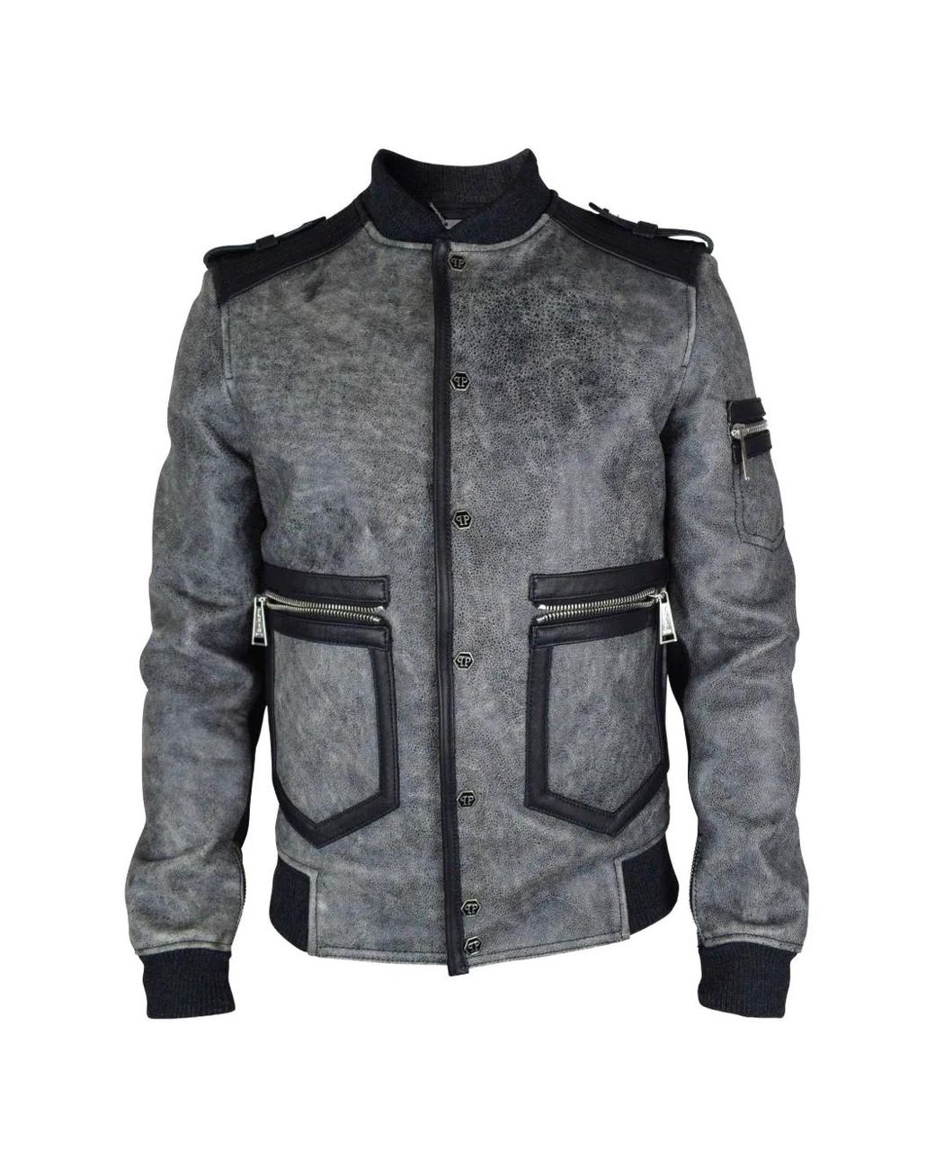 Philipp Plein Gray Logo Button Leather Jacket for men