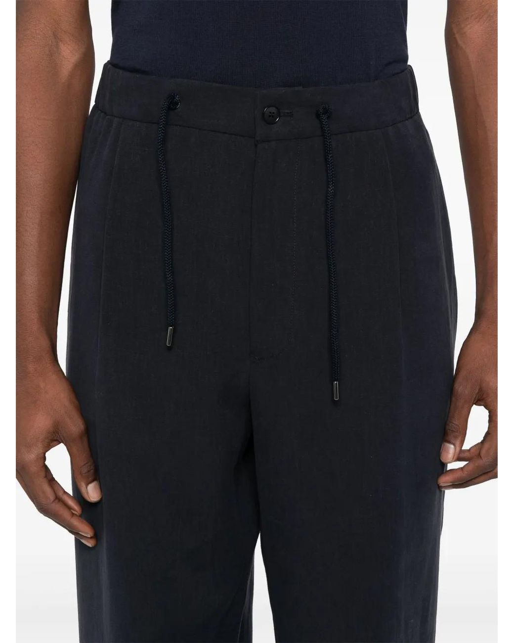 Giorgio Armani Blue Pleat-Detailing Straight Leg Linen Trousers for men