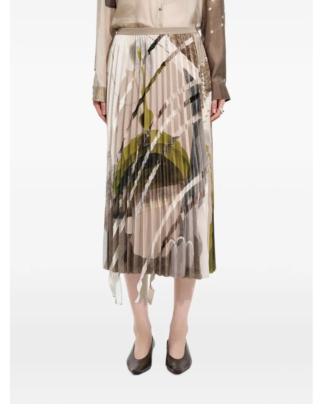 JNBY White Abstract-Print Pleated A-Line Midi Skirt