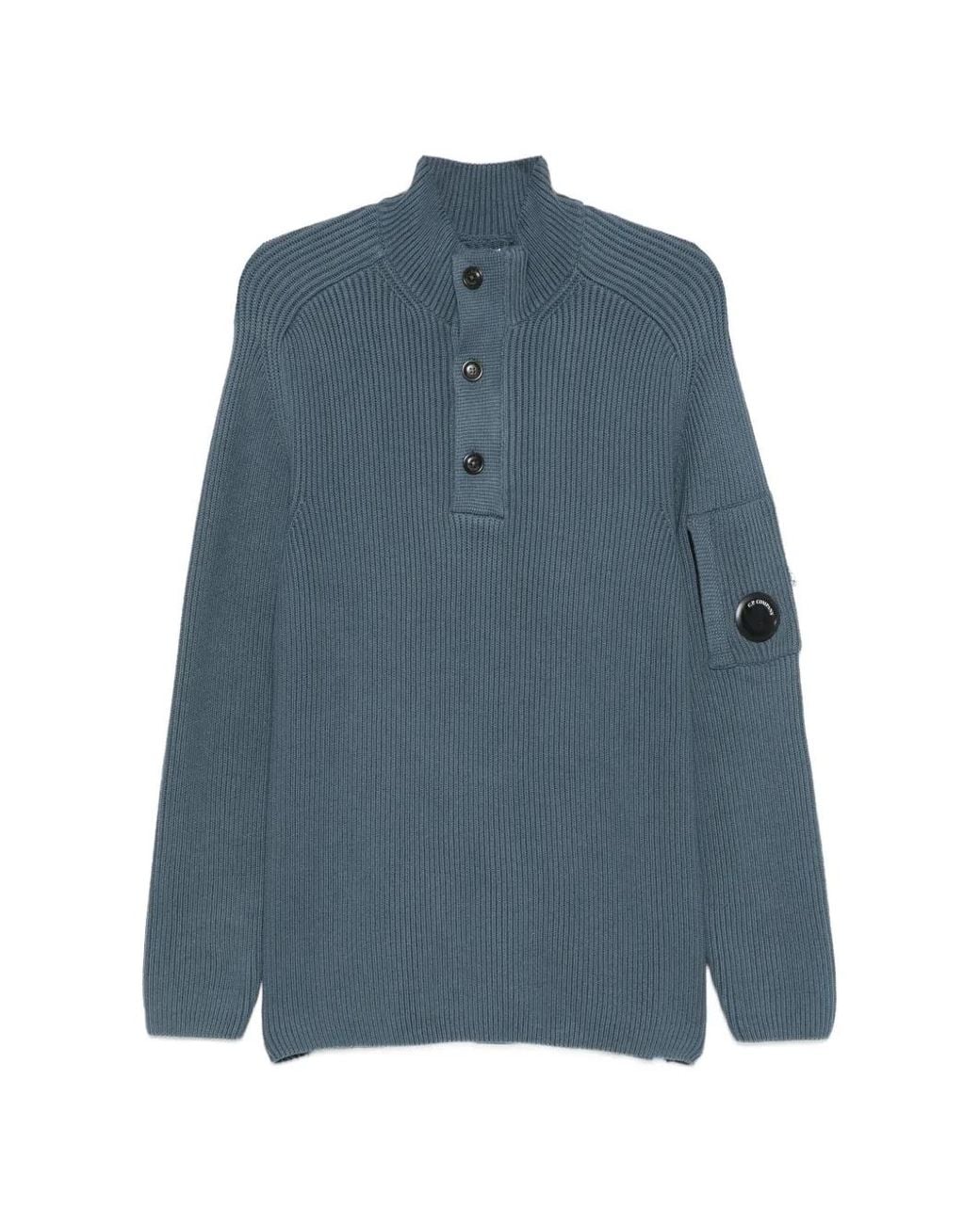 C P Company Blue Full Rib Cotton Half Button Lens Sweater for men