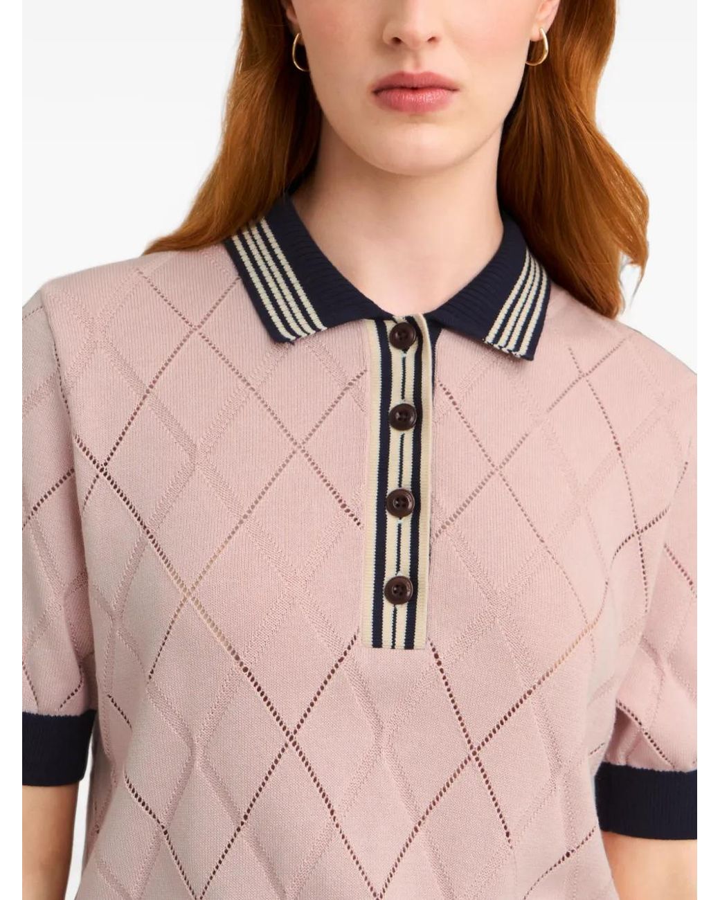Pringle of Scotland Pink Textured Argyle-Pattern Polo Top