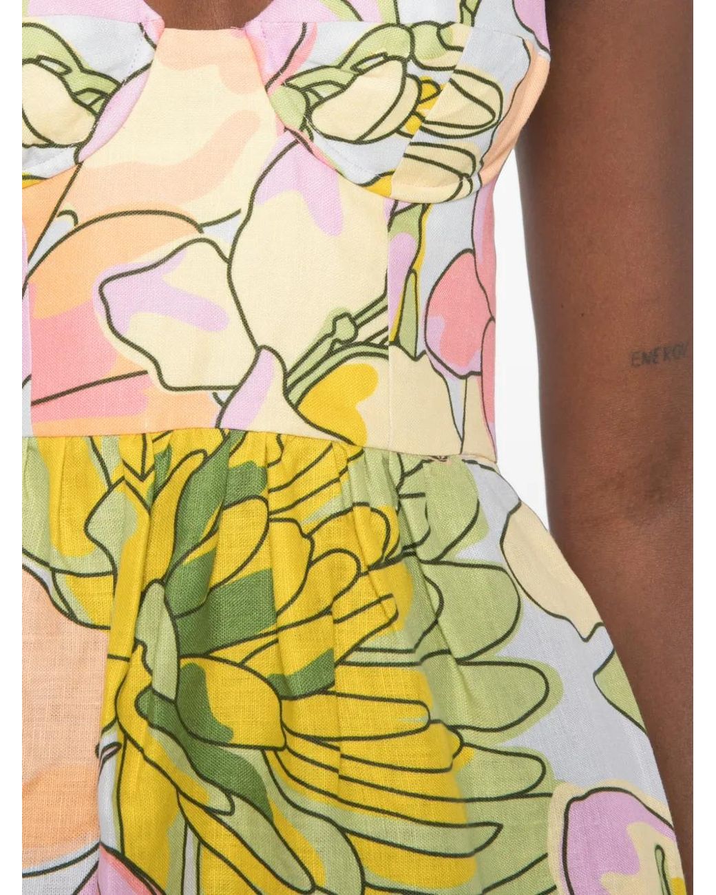 Farm Rio White Floral-Print Sweetheart-Neck Midi Dress
