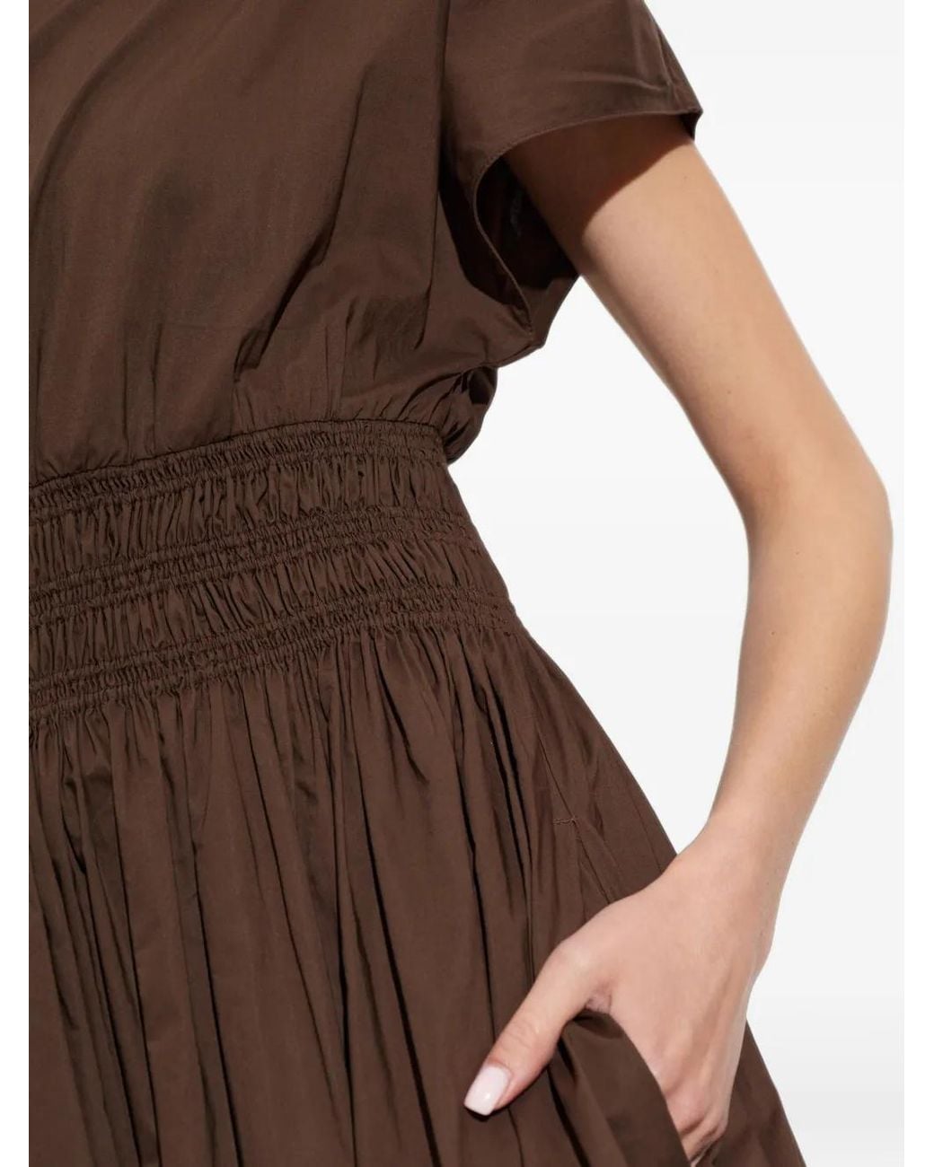 Matteau Brown Shirred-Waist Cotton Midi Dress