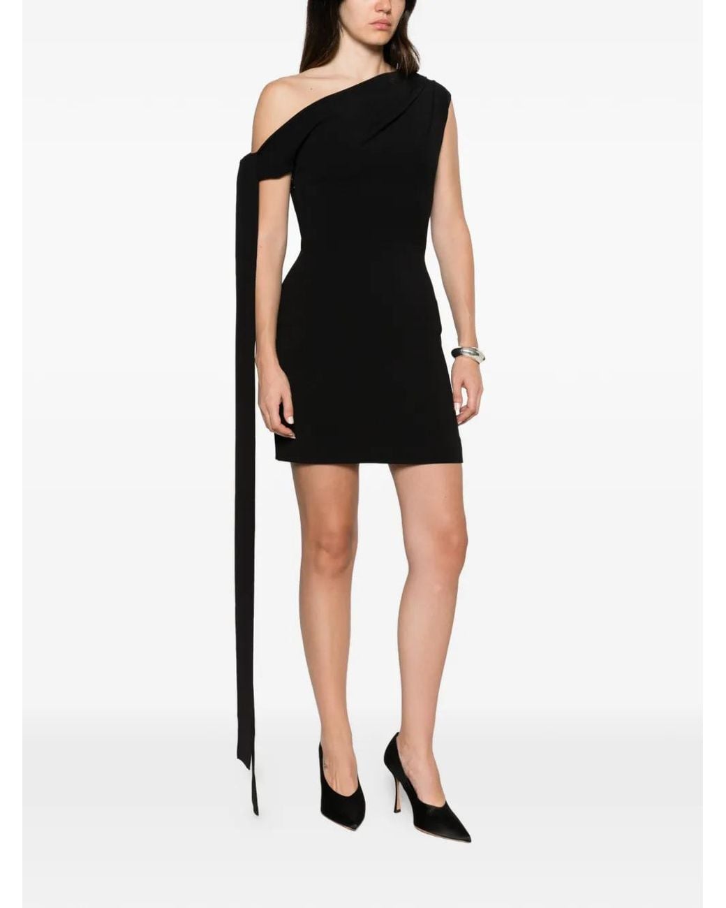 Solace London Black Gardner One-Shoulder Draped Mini Dress