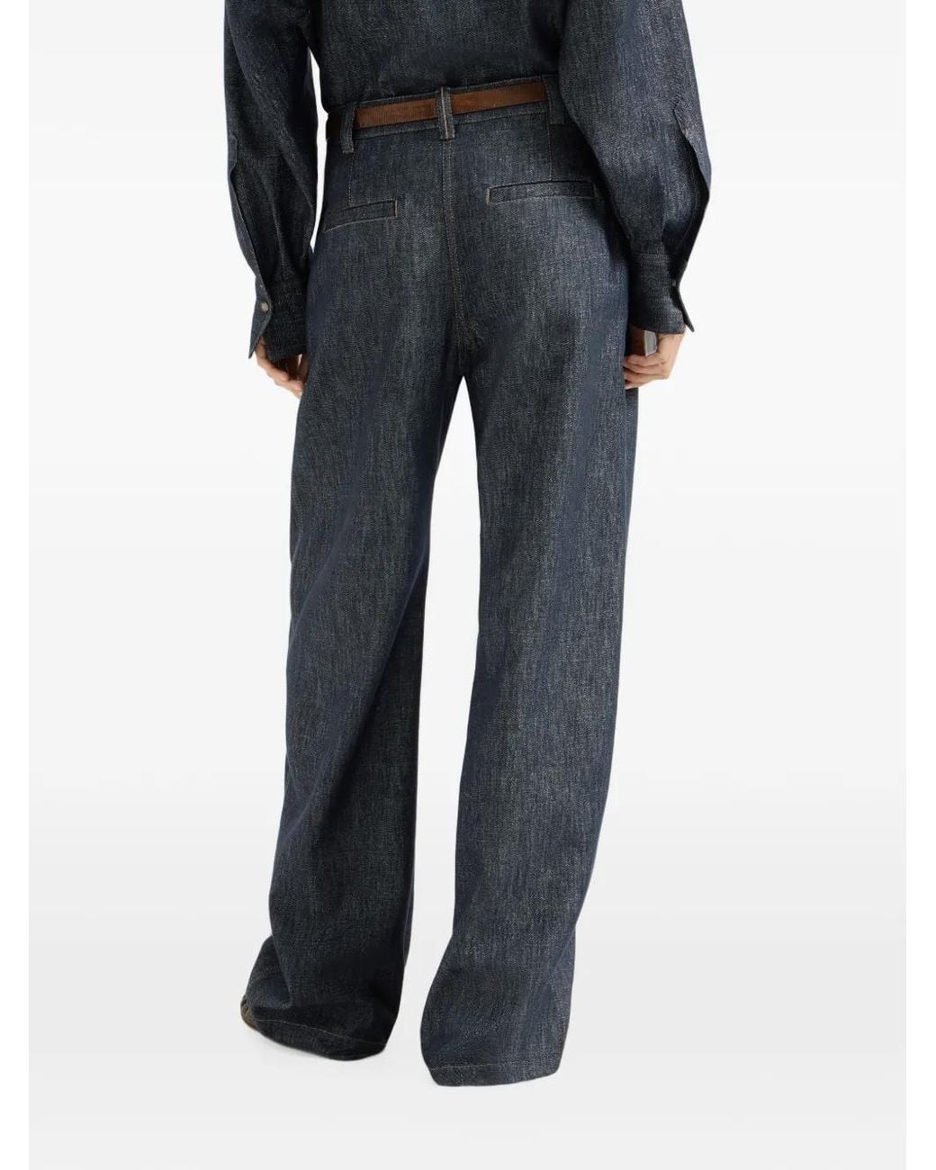 Brunello Cucinelli Blue Pantalon Ample En Jean À Ornements Métalliques