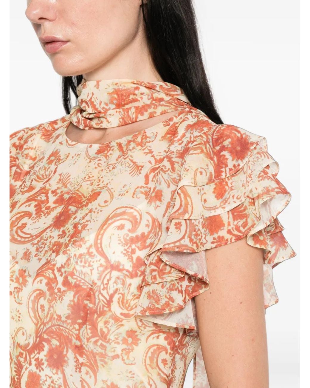 De La Vali White Avalon Paisley-Print Ruffled Maxi Dress