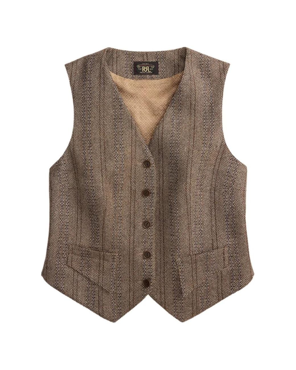 RRL Brown Herringbone Button Vest