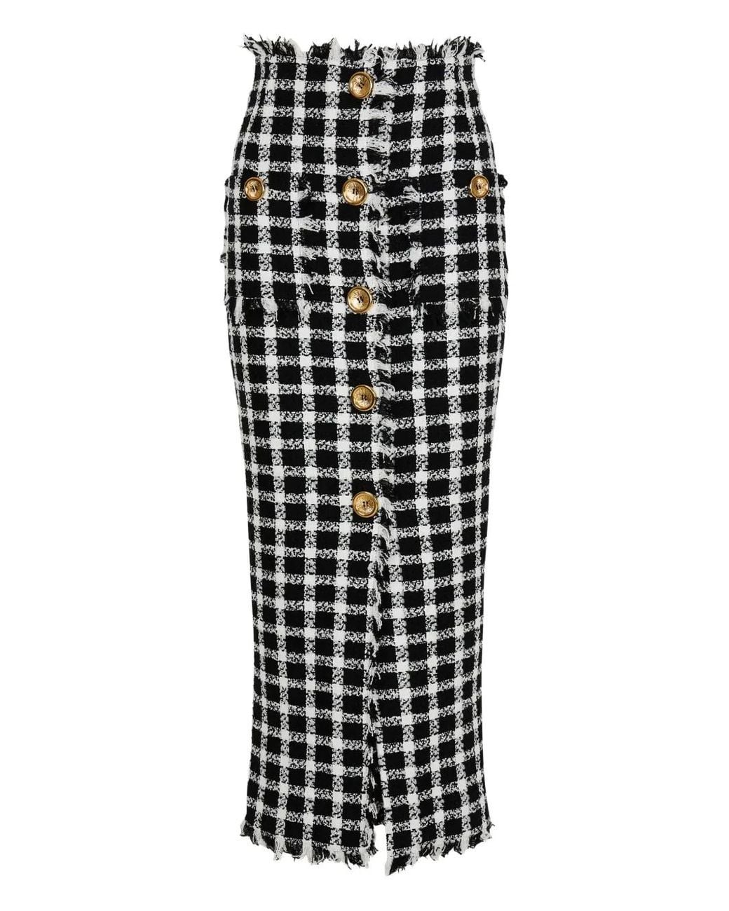 Balmain Black Long Gingham Tweed Skirt