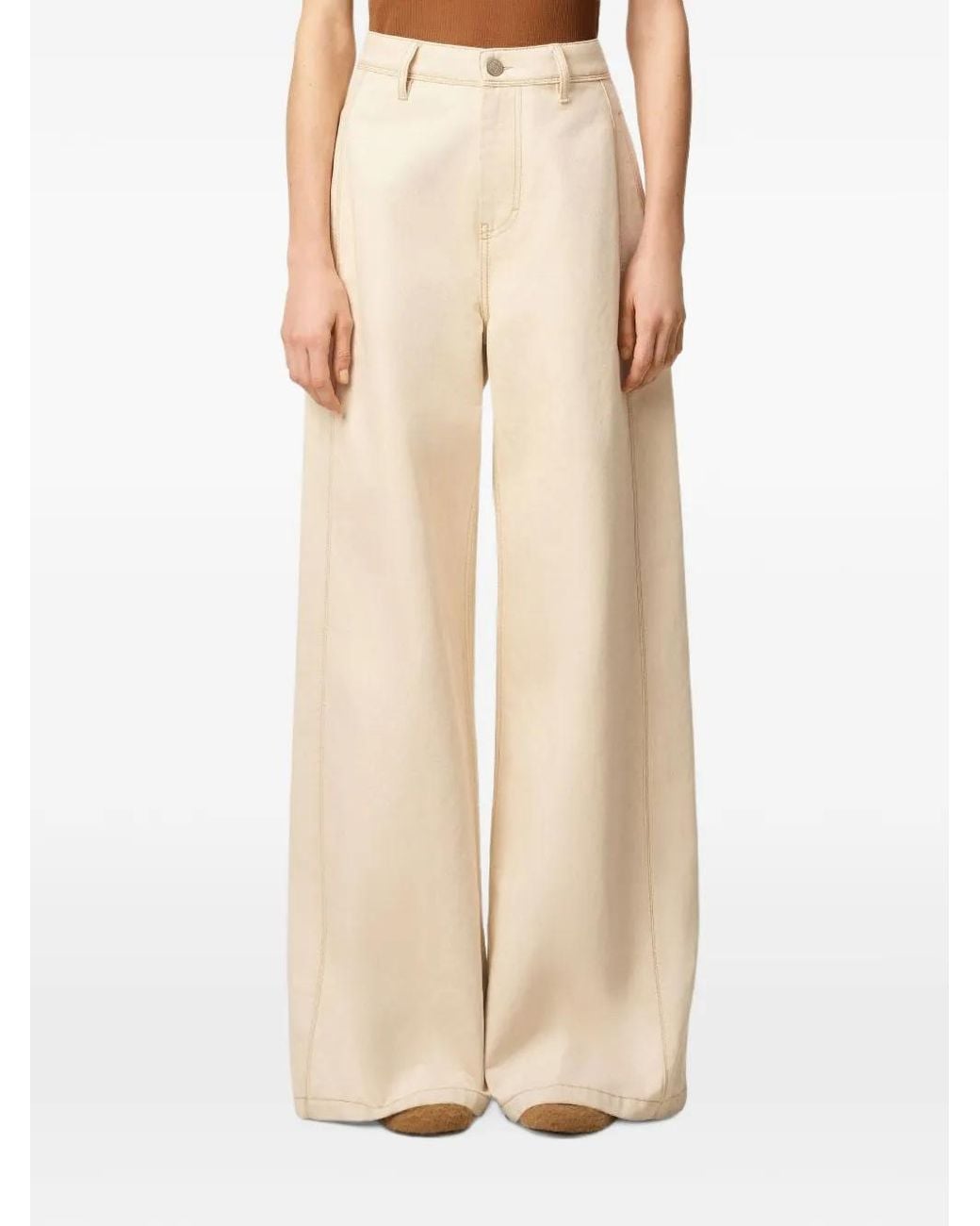 AMI White Topstitched Wide-Leg Jeans