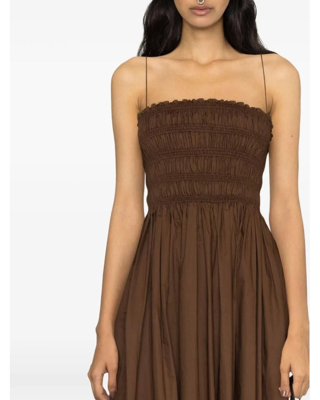 Matteau Brown Shirred-Bodice Spaghetti-Strap Midi Dress