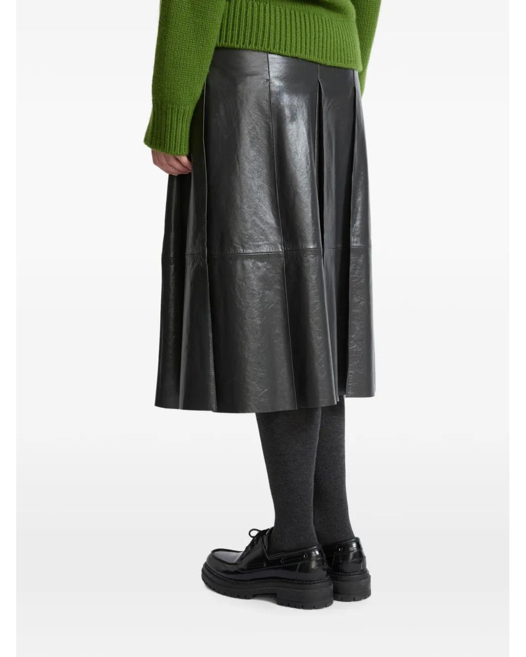Yves Salomon Gray Pleated Leather Midi Skirt