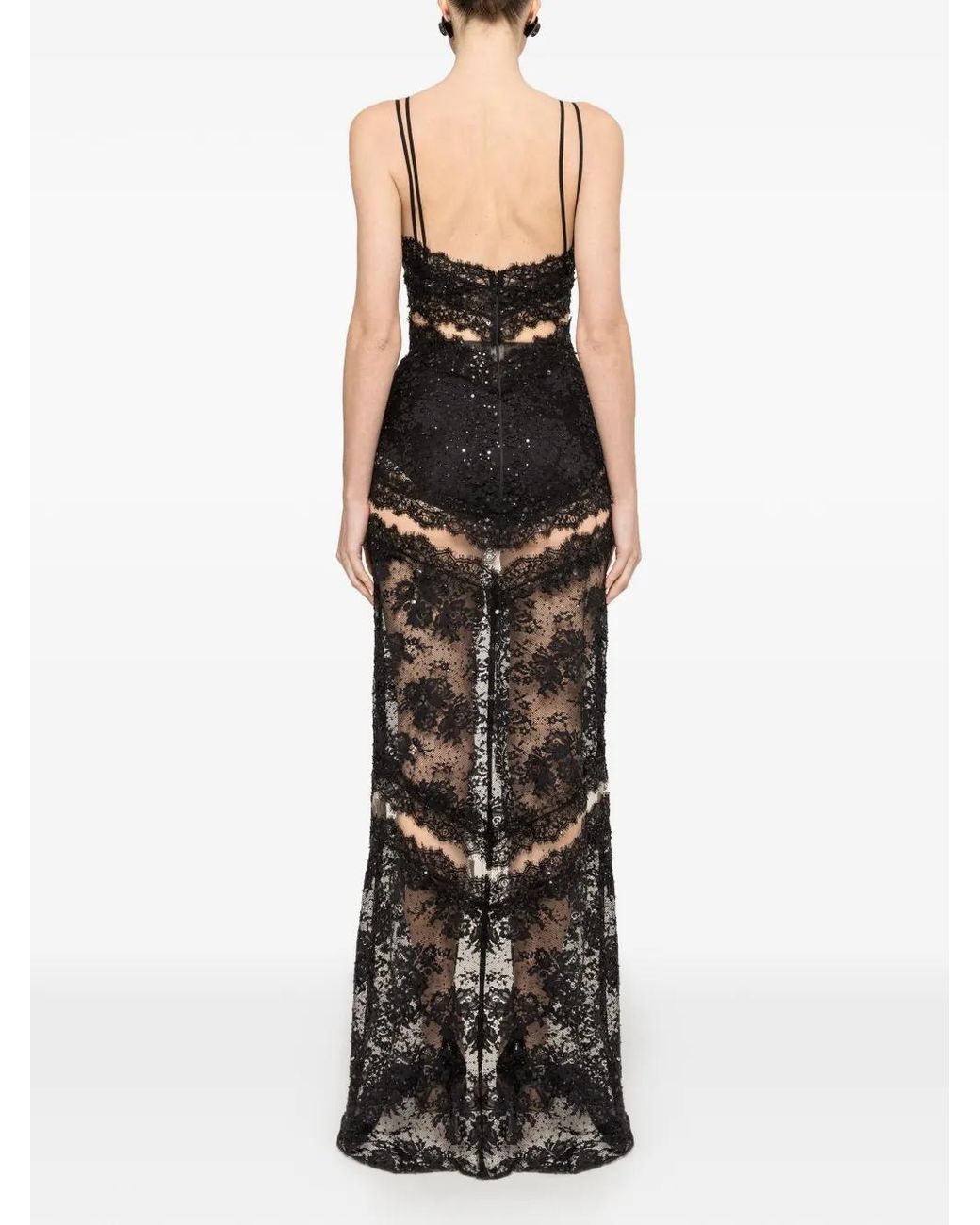 Nissa Black Beaded Lace Maxi Dress