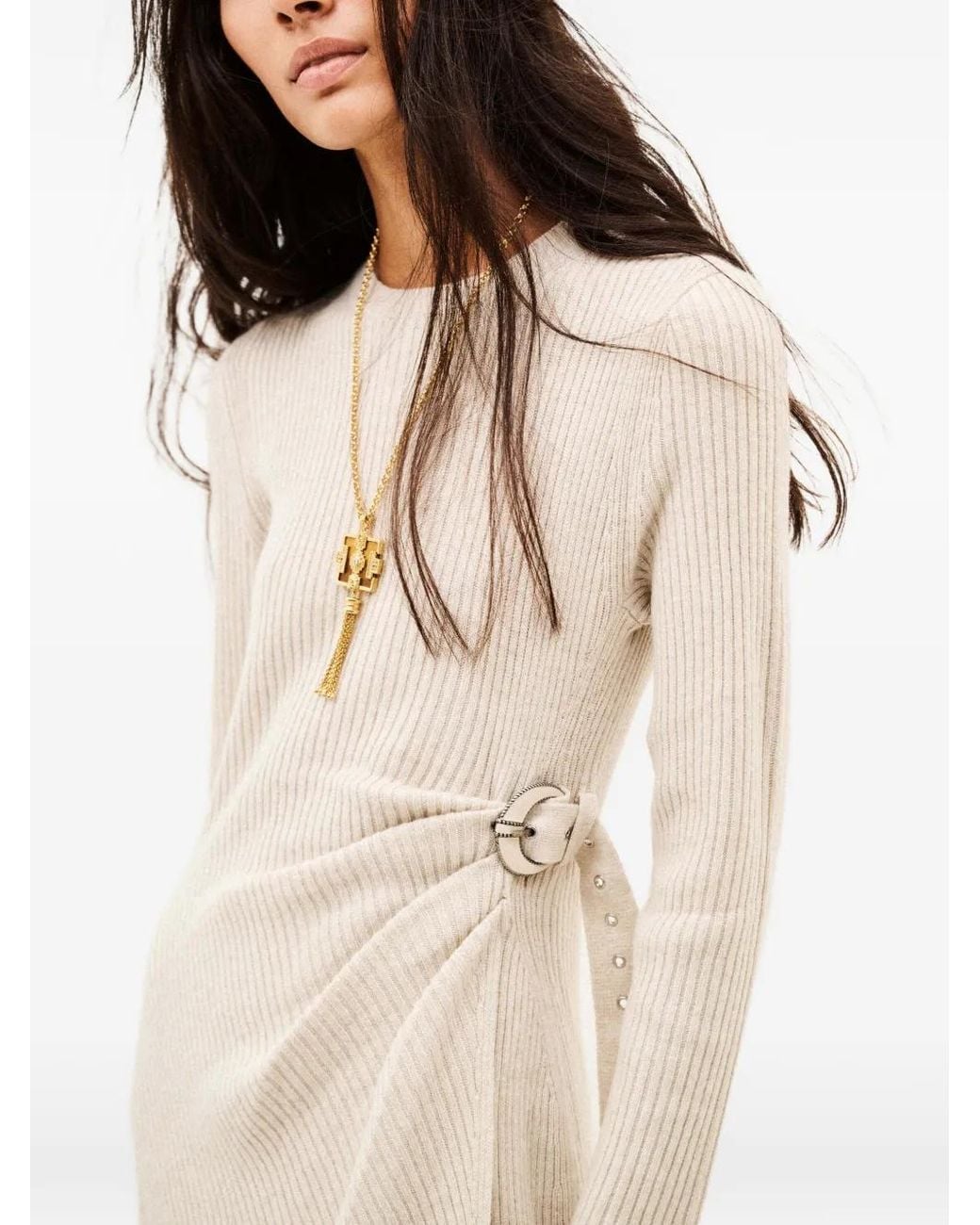 Ba&sh White Buckled Ribbed-Knit A-Line Maxi Dress