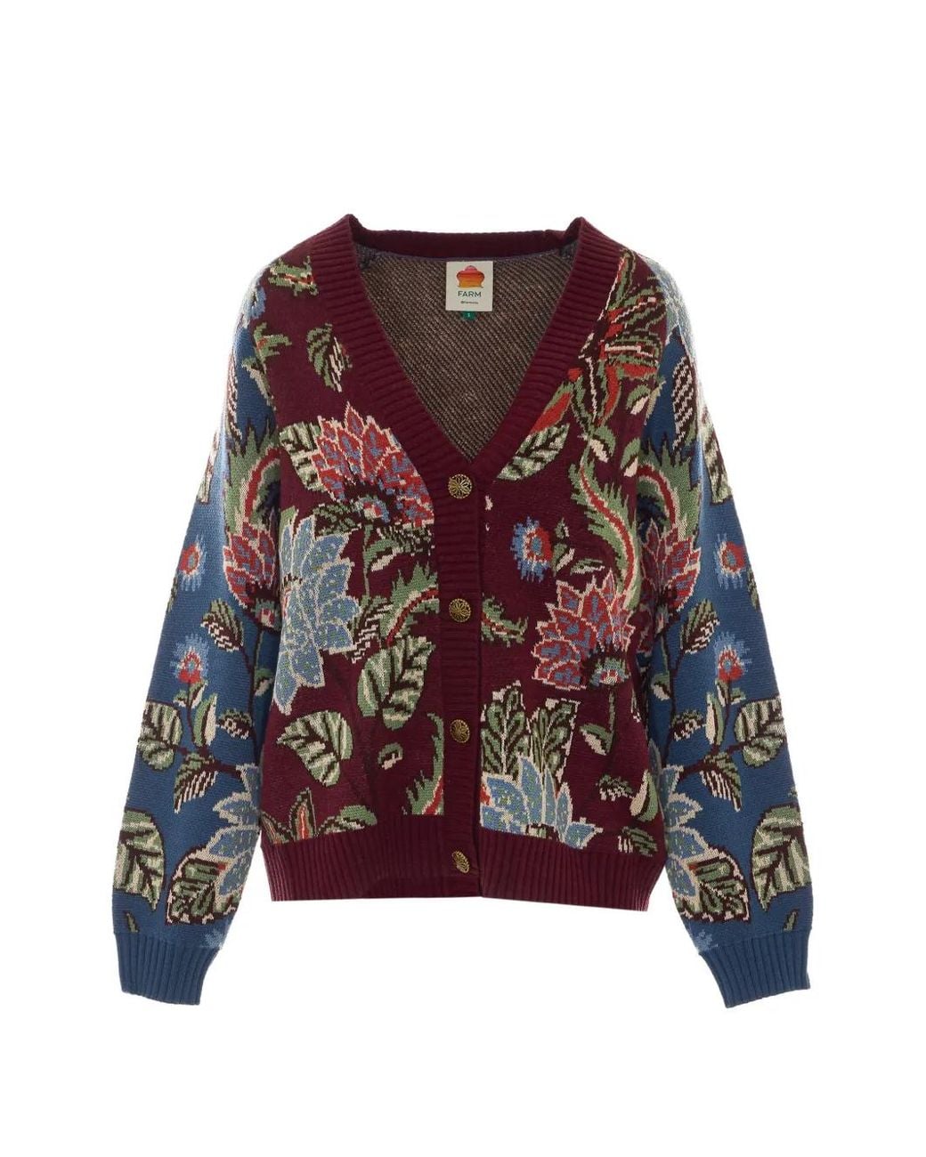 Farm Rio Red Floral-Intarsia V-Neck Cardigan