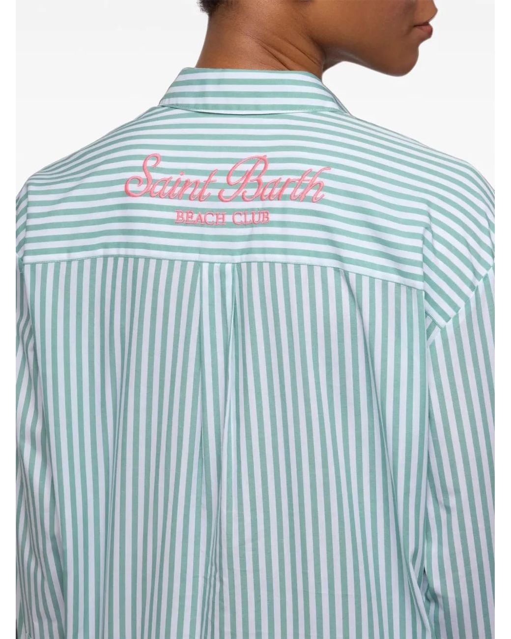Mc2 Saint Barth Blue Brigitte Striped-Print Cotton Shirt With Beach Club Embroidery